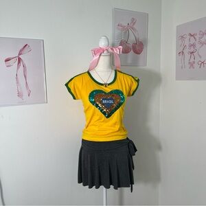 Vintage Y2K Brazil Sequin Heart‎ Baby Tee Deadstock Preppy Womens Size Medium
